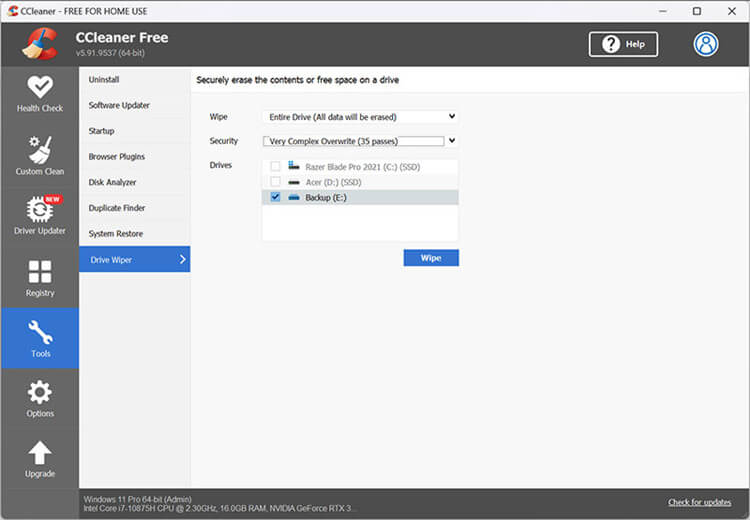 permanently erase data with CCleaner