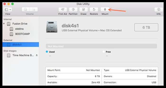 Force the external hard drive to mount in Disk Utility