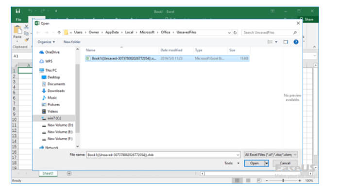 recover unsaved Excel file